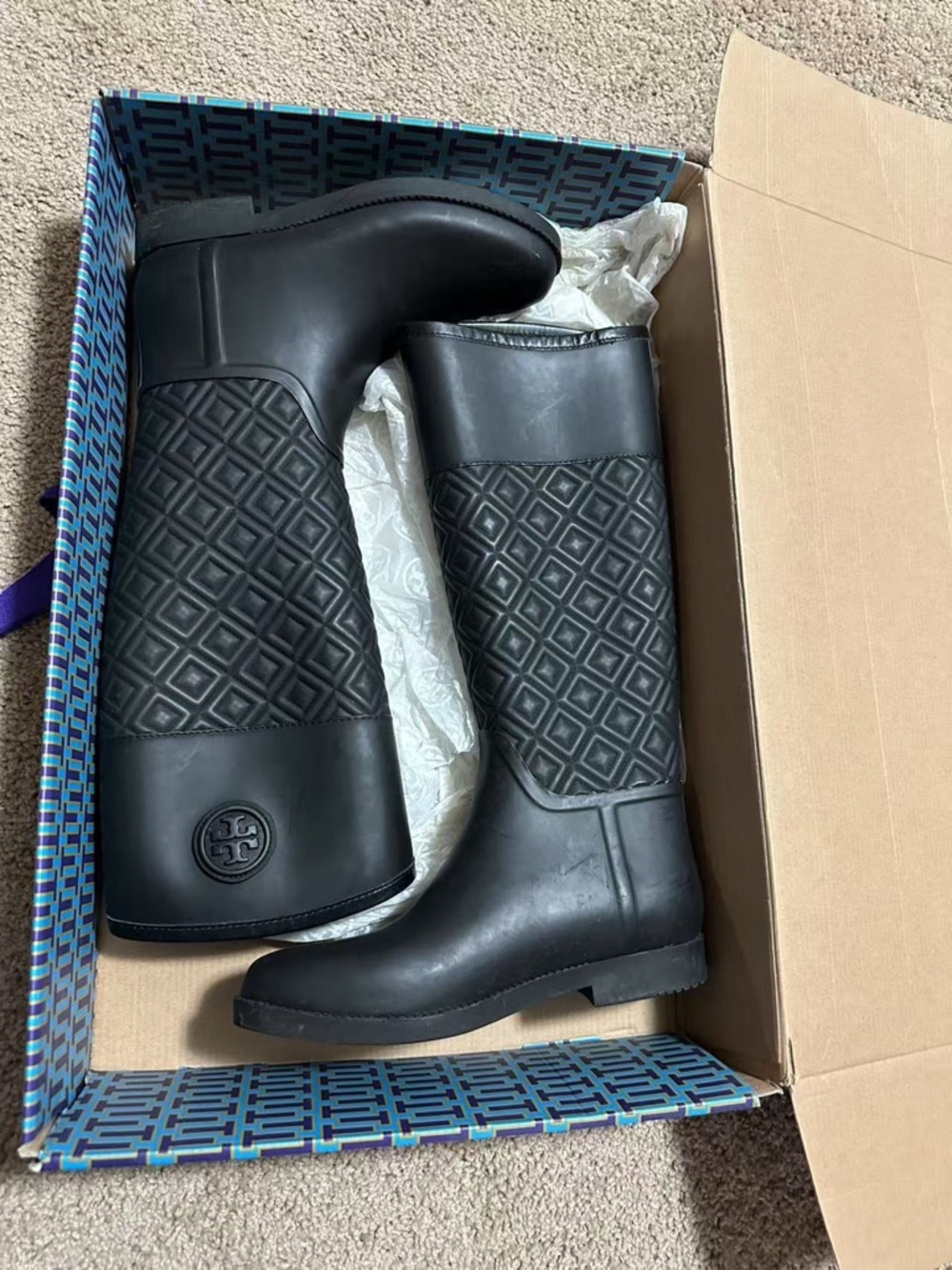 Tory Burch Black Quilted Rubber Rain Boots